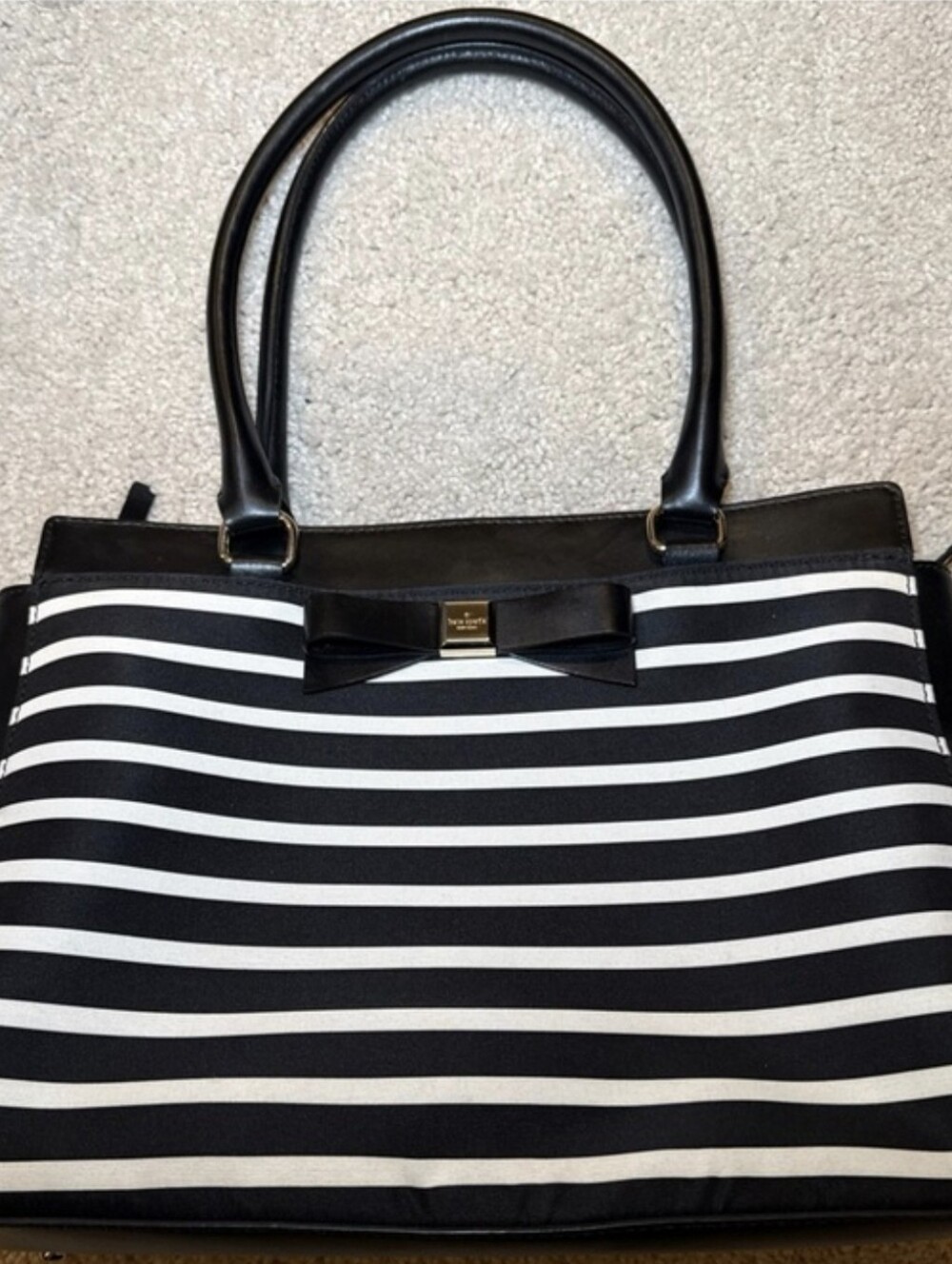 Kate Spade Black & White Striped Tote Bag With Bow Accent.